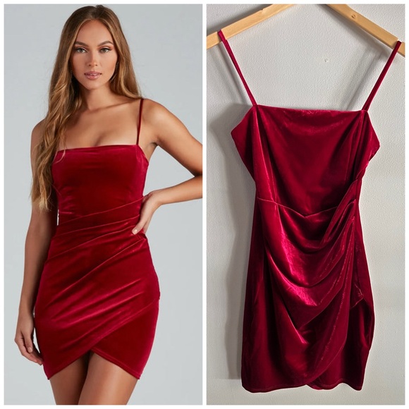 WINDSOR Red Velvet Bodycon Dress – Draped Mini – “All Eyes On You” – Size M - Picture 1 of 10